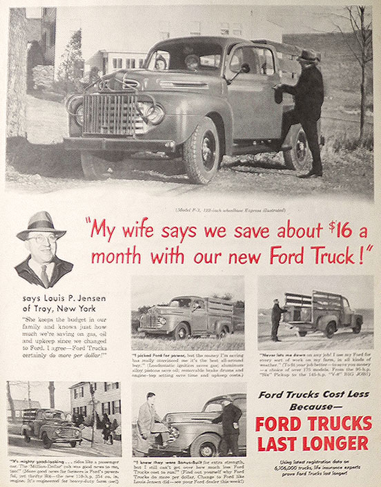 1950 Vintage Ford F-3 Truck Ad ~ Louis Jensen of Troy, NY