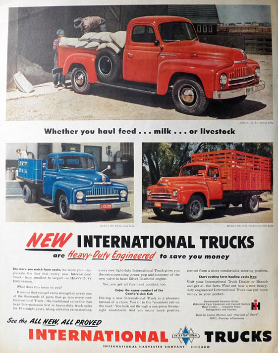 1950 International Trucks Ad ~ Hauling Feed, Milk or Livestock