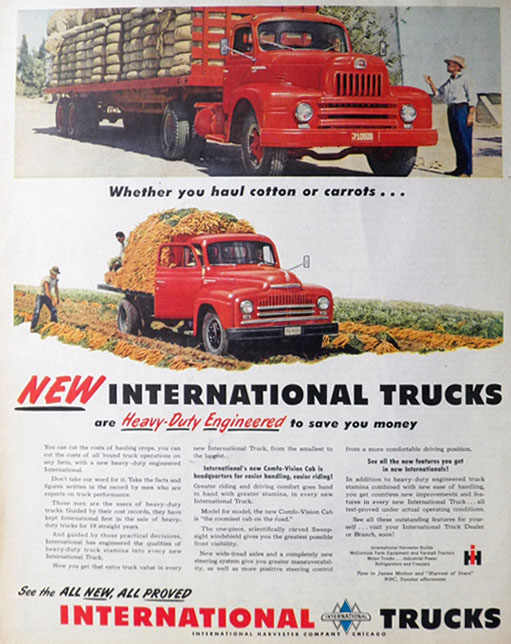 1950 International Trucks Ad ~ Cotton or Carrots