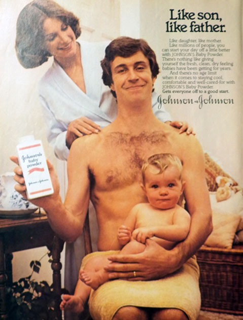 1979 Johnson's Baby Powder Ad ~ Nude Man with Baby