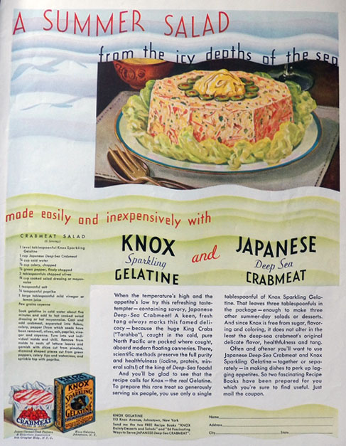 1932 Knox Gelatine Ad ~ Crabmeat Salad Recipe