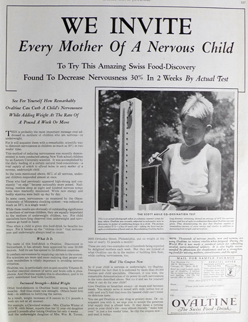 1932 Ovaltine Ad ~ Decreases Nervousness