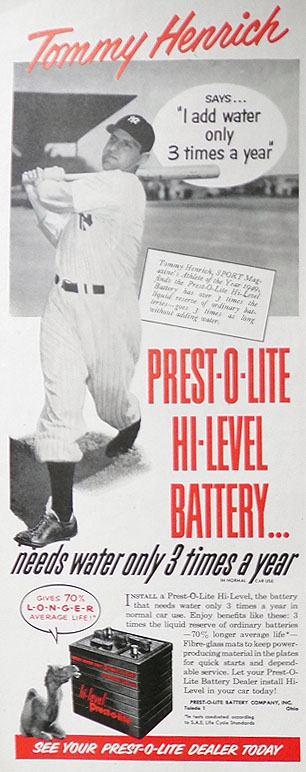 1950 Prest-O-Lite Car Battery Ad ~ Tommy Henrich