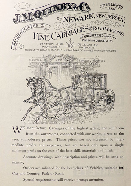 1890 J.M. Quinby Carriages & Wagons Ad ~ Newark, NJ