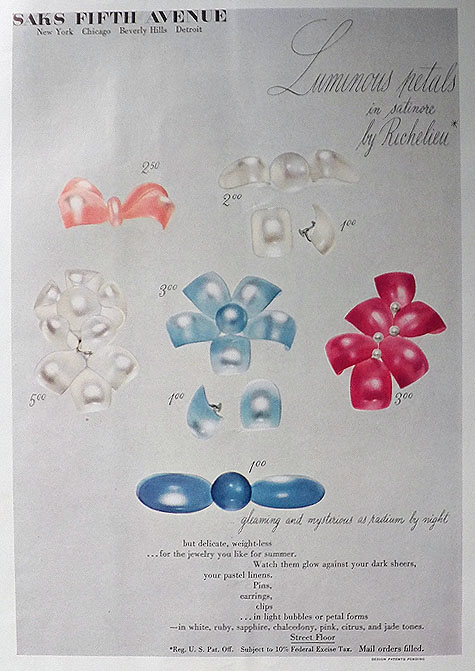 1942 Vintage Richelieu Jewelry Ad ~ Luminous Petals in Satinore