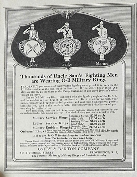 1918 WWI Ostby Barton Military Rings Ad ~ Soldier, Sailor, Marine