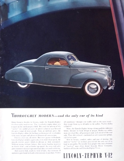 1938 Lincoln Zephyr Ad ~ Thoroughly Modern