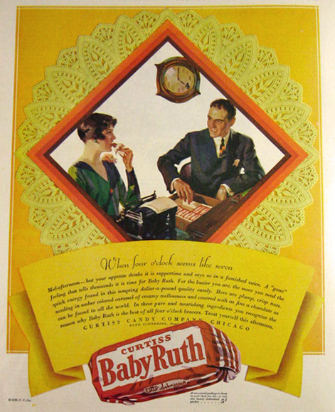 1929 Baby Ruth Candy Bar Ad ~ Yellow Lace Doily