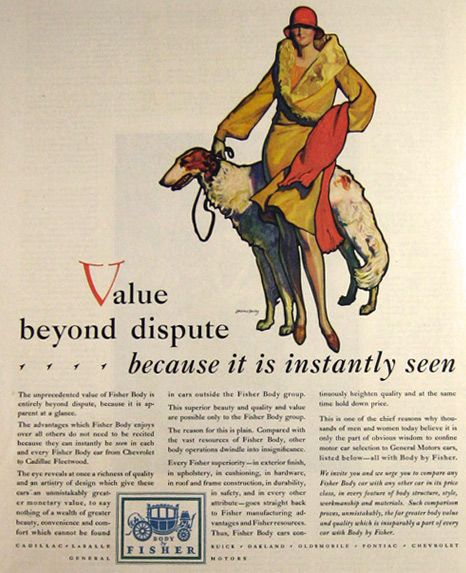 1929 Body by Fisher Ad ~ McClelland Barclay Woman w/Borzoi Dog