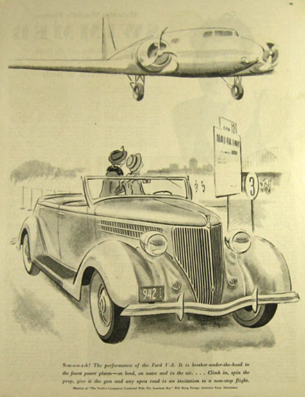 1936 Ford V-8 Ad ~ Airplane Cartoon