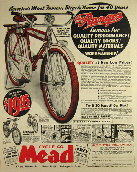 1936 Vintage Mead Ranger Bicycle Ad