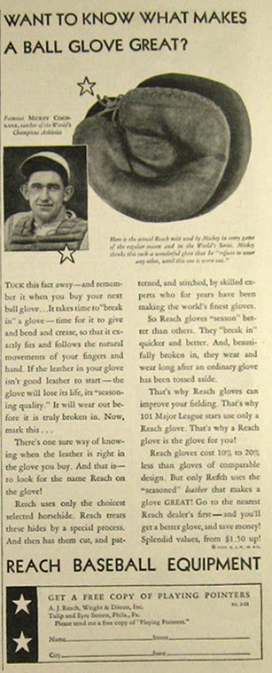 1931 Vintage Reach Baseball Glove Ad ~ Mickey Cochrane