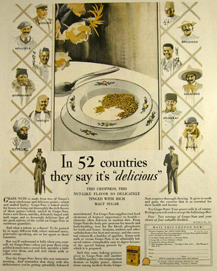 1928 Grape-Nuts Cereal Ad ~ "Delicious" in Different Languages