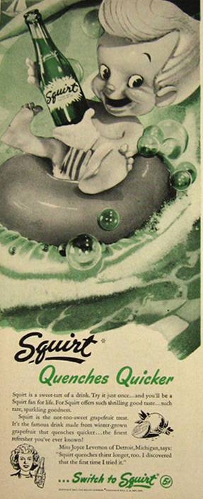 1947 Squirt Soda Ad ~ Little Squirt in Inner Tube