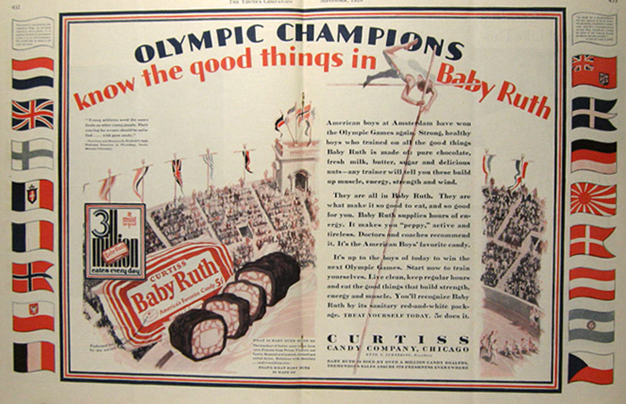 1928 Baby Ruth Candy Bar Ad ~ Olympic Champions