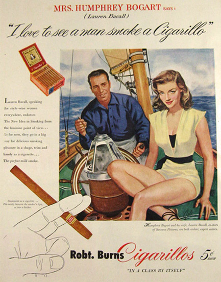 1951 Robt. Burns Cigarillos Ad ~ Bogart and Bacall