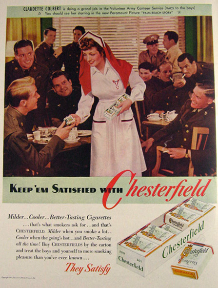 1942 WWII Chesterfield Ad ~ Claudette Colbert ~ VACS