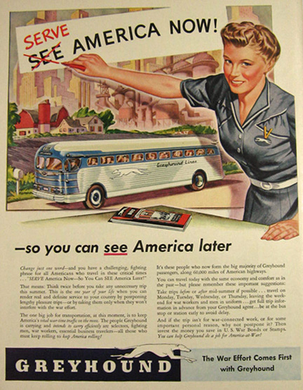 1942 WWII Greyhound Bus Ad ~ Serve America Now