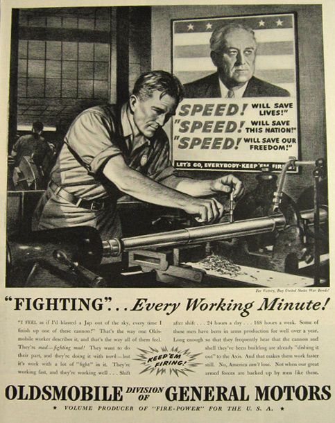 1942 Oldsmobile Arms Production Ad ~ F.D.R. Speed Will Save Lives