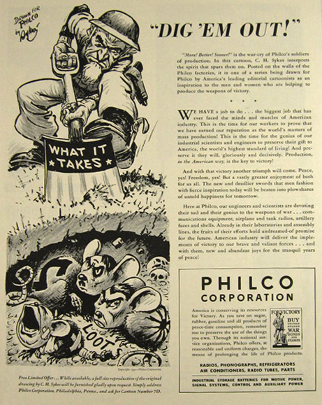 1942 WWII Philco Radio Ad ~ CH Sykes ~ Dig 'Em Out!