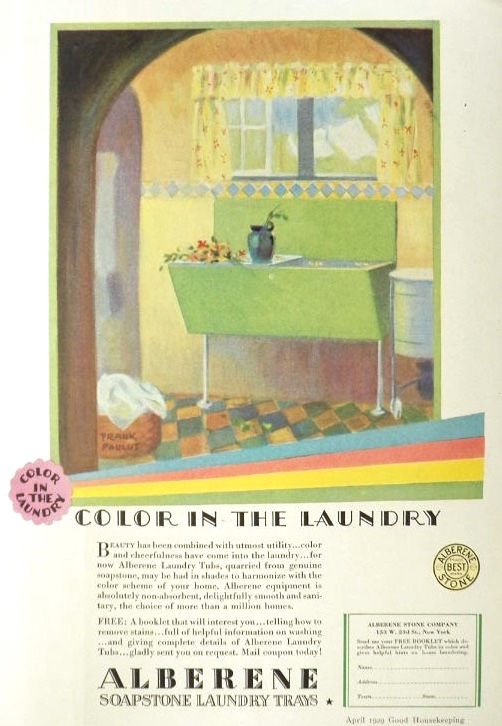 1929 Alberene Soapstone Laundry Tub Ad ~ Color in the Laundry