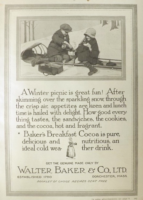 1927 Baker's Cocoa Ad ~ Kids on Winter Picnic