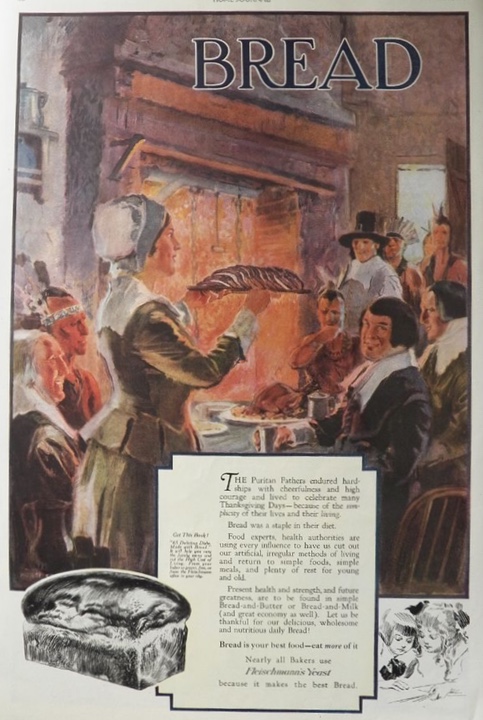 1920 Fleischmann's Yeast Ad ~ Pilgrims Eat Bread