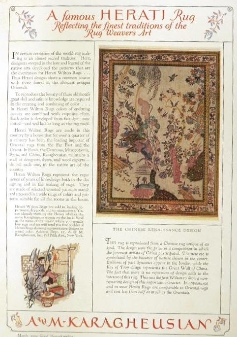 1924 A&M Karagheusian Herati Rug Ad Chinese Renaissance Design