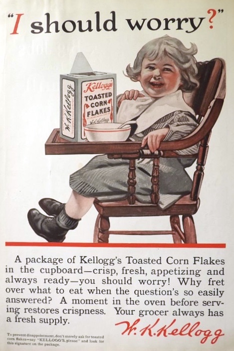 1914 Kellogg's Corn Flakes Ad ~ "I Should Worry?"