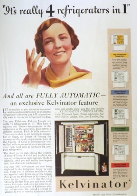 1933 Kelvinator Refrigerator Ad ~ Fully Automatic
