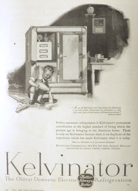 1926 Kelvinator Fridge Ad ~ Child Pours Milk