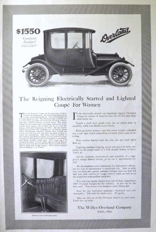 1913 Willys Overland Coupe Ad ~ Electrically Started
