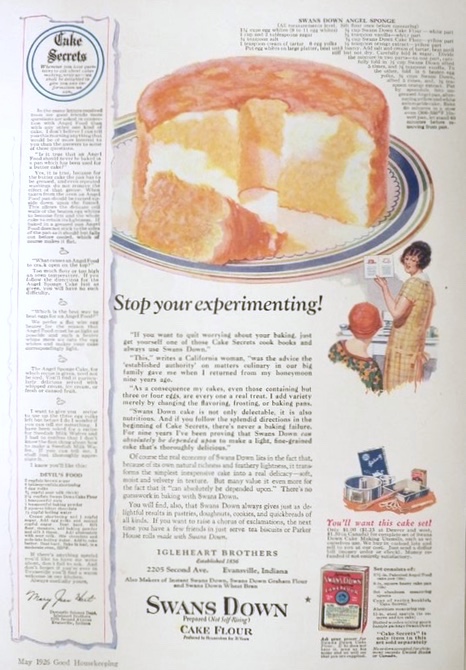 1926 Swans Down Cake Flour Ad ~ Angel Sponge Cake Recipe