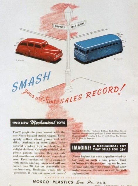 1948 Nosco Plastic Wind-Up Station Wagon & Bus Ad