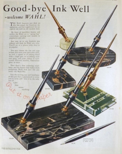 1927 Wahl Fountain Pen Desk Set Ad ~ Goodbye Ink Well