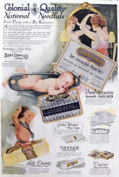 1919 Colonial Quality Sundries Ad ~ Baby Dimples Safety Pins, etc.