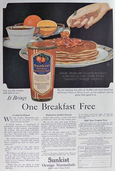 1919 Sunkist Orange Marmalade Ad ~ Free Breakfast