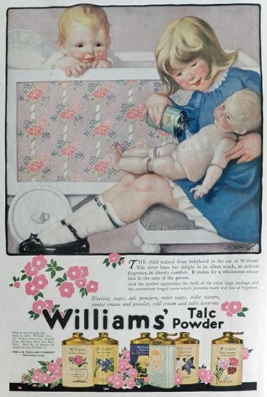 1919 Williams Talc Ad ~ Child Powders Jointed Doll ~ Sarah Stilwell Weber