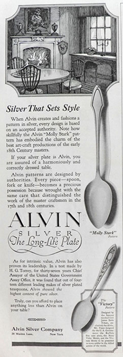 1920 Alvin Silver Plate Ad ~ Molly Stark & Victory