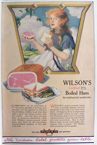 1920 WIlson's Boiled Ham Ad ~ Pretty Woman with Sandwich