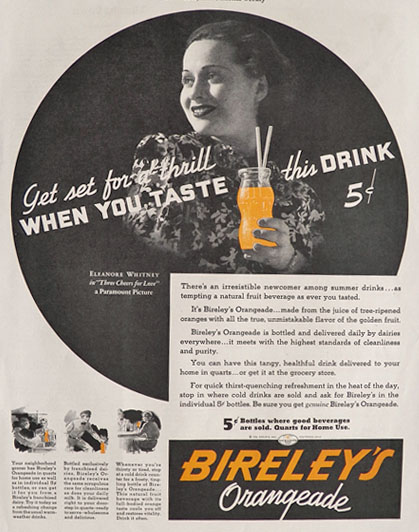 1936 Bireley's Orangeade Ad ~ Get Set For A Thrill