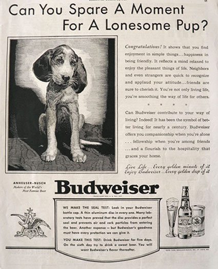 1939 Budweiser Beer Ad ~ Lonesome Pup