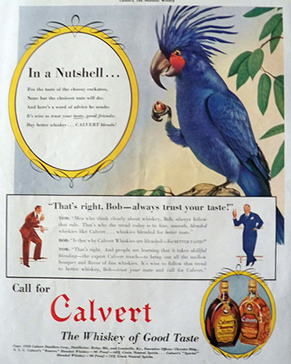 1938 Calvert Whiskey Ad ~ Black Cockatoo