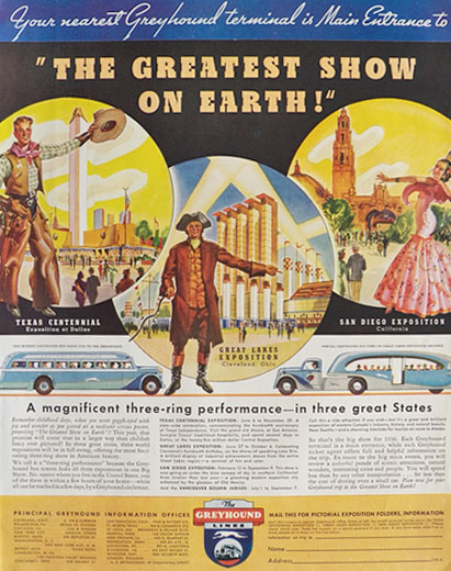 1936 Greyhound Bus Ad ~ Greatest Show on Earth
