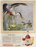 1943 Imperial Whiskey Ad ~ Frog Escapes Heron
