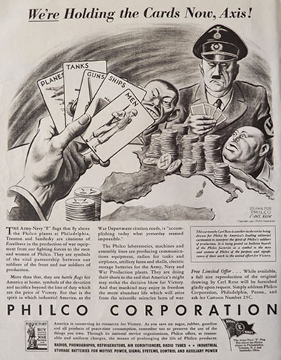 1942 WWII Philco Radio Ad ~ Carl Rose ~ Hitler Political Cartoon
