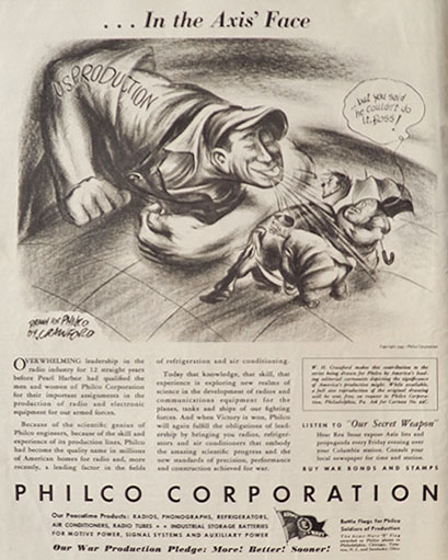 1943 WWII Philco Radio Ad ~ W.H. Crawford Political Cartoon