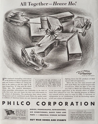 1943 WWII Philco Radio Ad ~ W.H. Crawford Political Cartoon ~ Heave Ho!