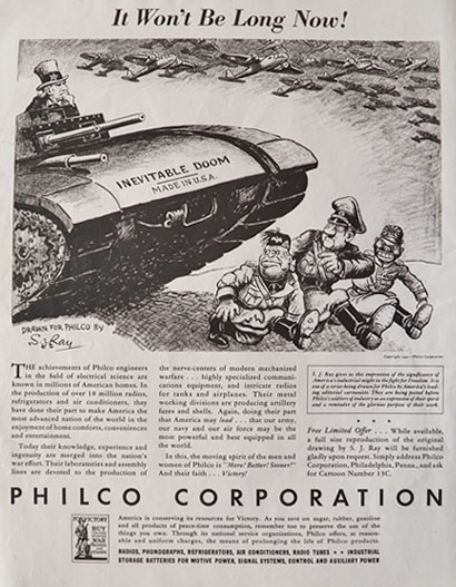 1942 WWII Philco Radio Ad ~ S.J. Ray Political Cartoon