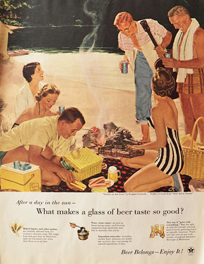 1955 Beer Belongs Ad ~ Beach Barbecue ~ FOR SPENCER
